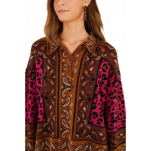 NEW FARM RIO scarf polo knit sweater in brown leopard - Picture 4 of 4